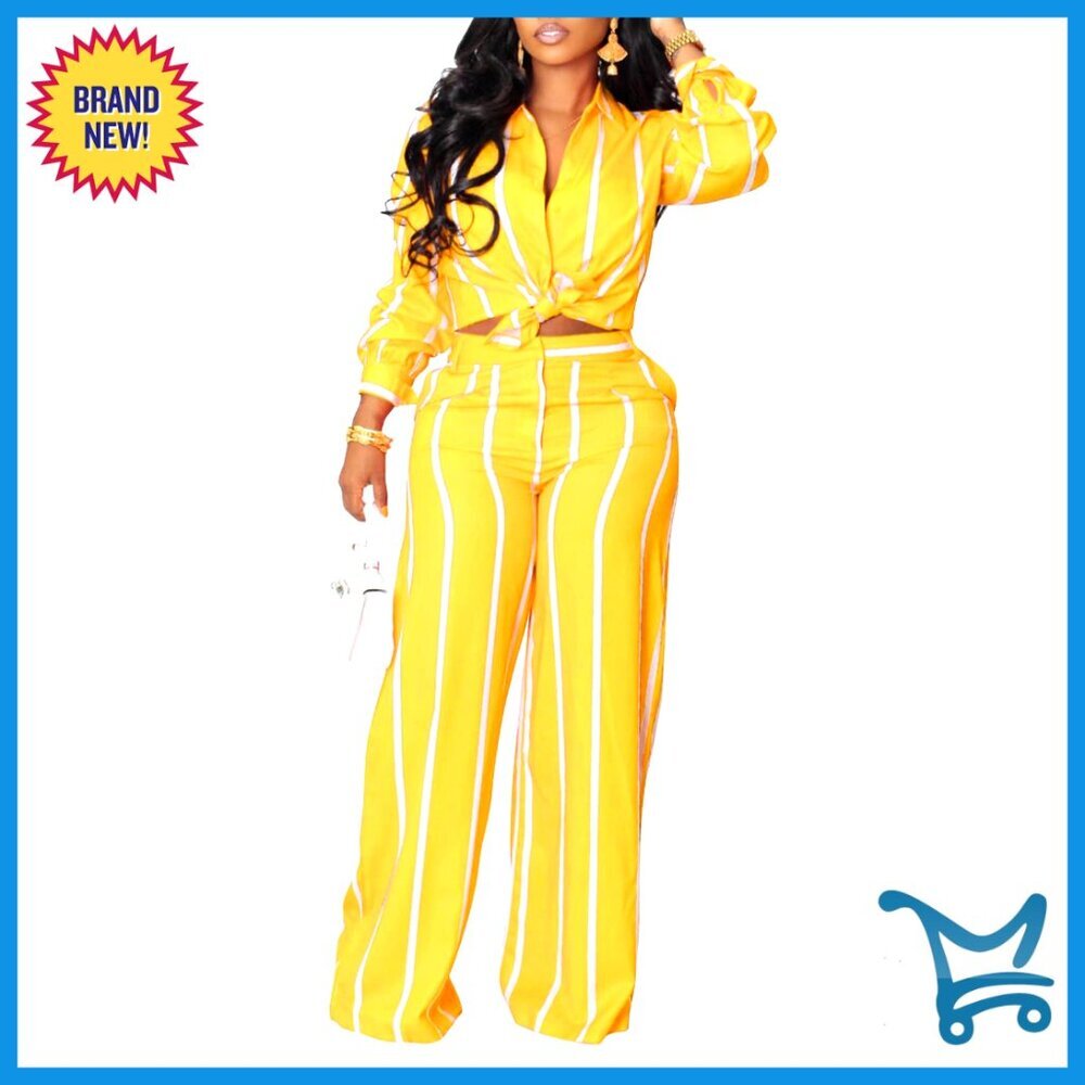 Two Piece Outfit Long Sleeve Button Down Shirt Wide Leg Pants with Pockets